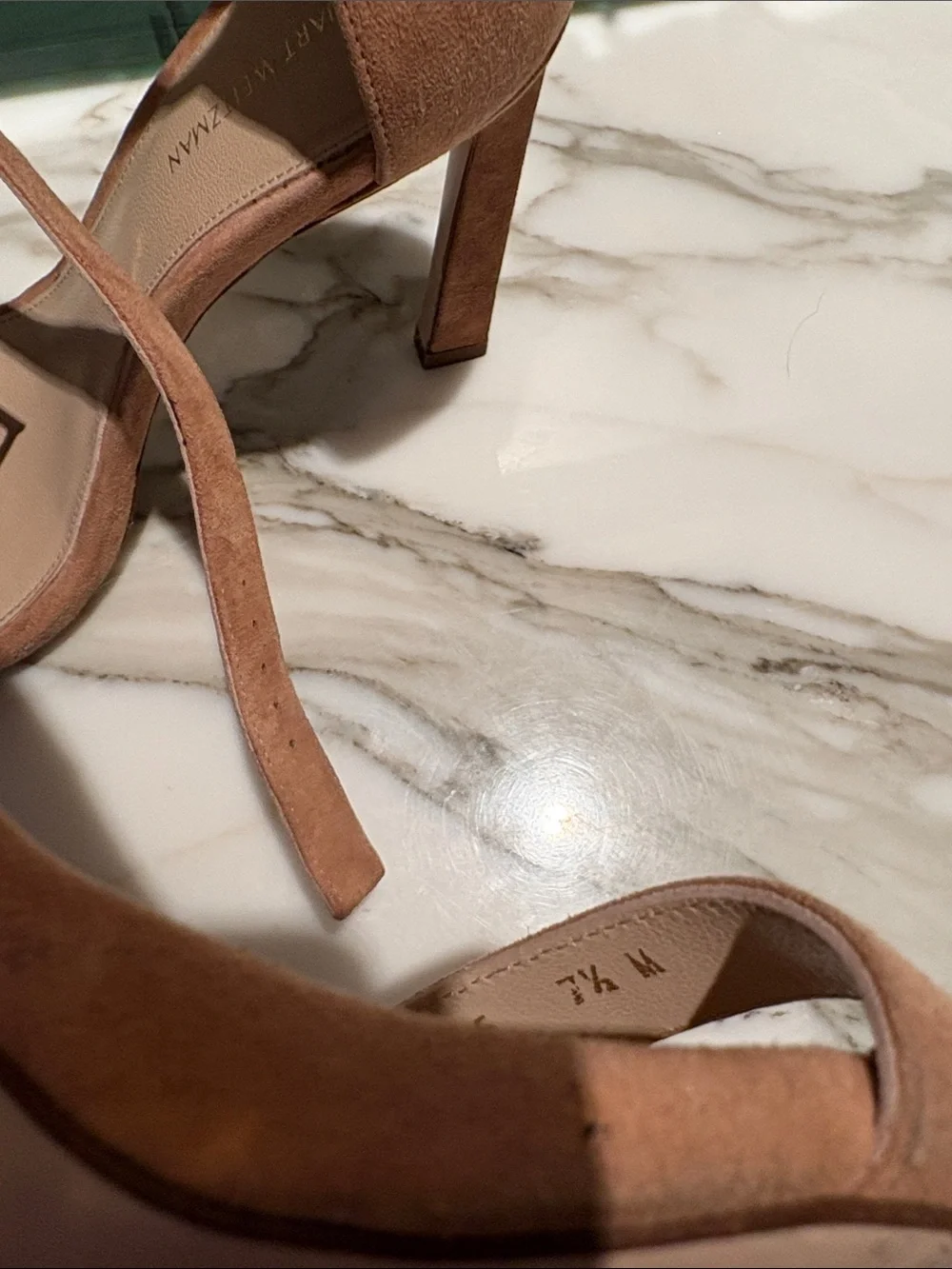 Stuart Weitzman Suede Ankle-Tie Heels in Cognac